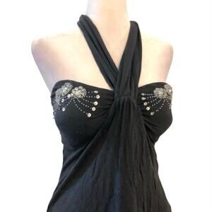 Y2K Black Rhinestone Beaded Tank Top Size M Preppy Grunge